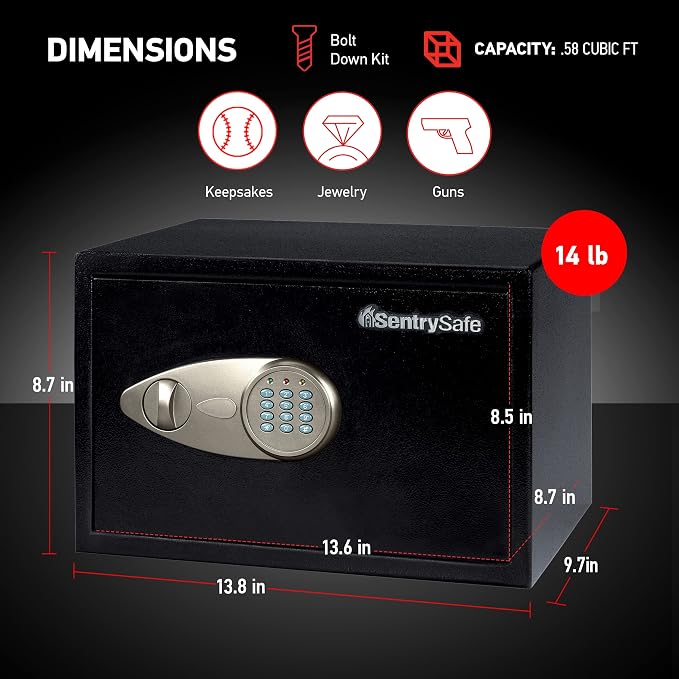 SentrySafe Safe with Digital Keypad Lock, Steel Safe with Interior Lining and Bolt Down Kit for Money, Jewelry, Electronics, 0.58 Cubic Feet, 8.7 x 13.8 x 9.7 Inches, X055 | Steel Safe With Interior Lining and Bolt Down Mounting Kit and Digital Keypad ... - Image 6