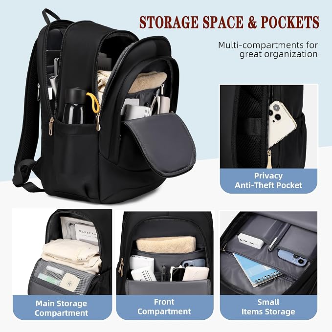 Travel Laptop Backpack for Women 15.6 Inch Computer Backpacks with USB Charging Hole Anti Theft Carry on Bag College Bookbag Large Black Back Pack for Work Business Traveling Commuter Daypack-Black - Image 4