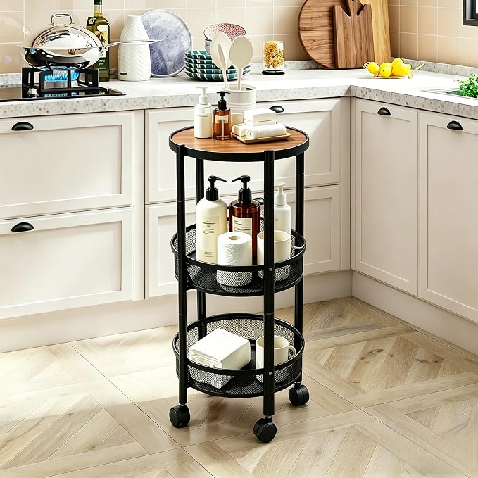 3-Tier Foldable Rolling Cart, Collapsible Metal Utility Cart with Wheels, Assembly-Free, Round Storage Organizer Trolley for Kitchen, Bathroom, Dorm, Nursery-Black - Image 5