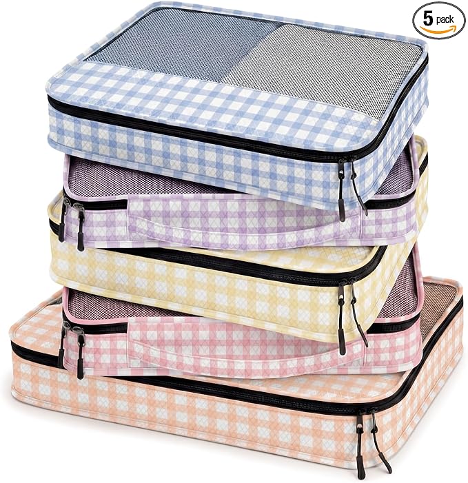 5 Pcs Packing Cubes for Suitcase Large Travel Cubes Carry on Luggage Organizer Bags for Clothes Accessories(Mixed,Plaid) by Bulyoou