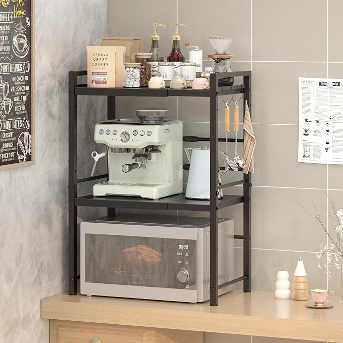 DOLALIKE Microwave Oven Rack, Expandable Microwave Stand Countertop Kitchen Utensils Tableware Storage, Carbon Steel Over Microwave Shelf Countertop with 3 Hooks | Adjustable Microwave Oven Rack Metal Storage Shelf with 3 Hooks for Pans Small Appliance... - Image 7