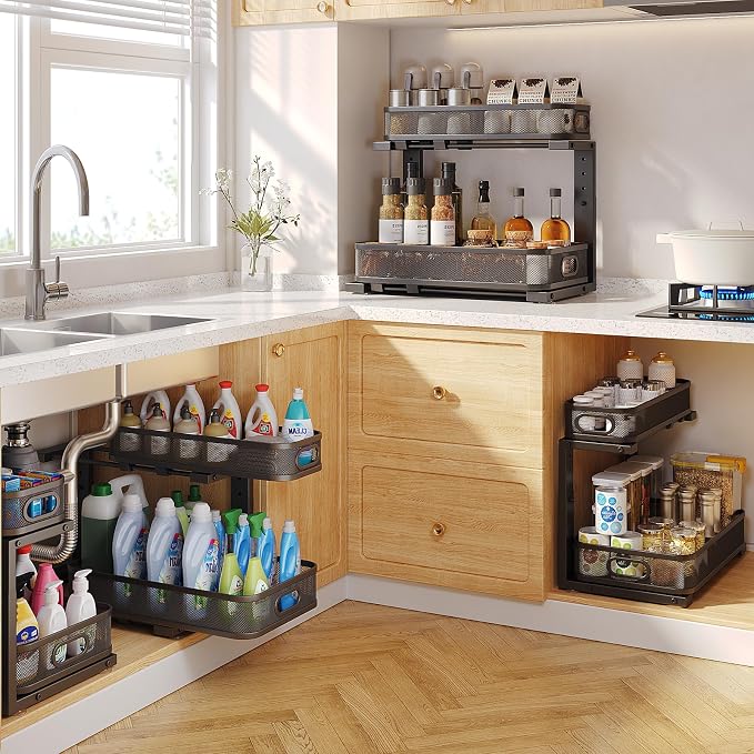 2 Pack 17.3IN-Depth Under Sink Organizer with Smooth Cylindrical Rail,2-Tier Pull Out Multi-Purpose Cabinet Storage for Bathroom&Kitchen,Height Adjustable,Rust-Resistant Coating-Black - Image 7