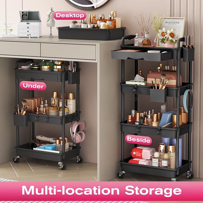 Goovilla Rolling Makeup Organizer Cart with Removable Drawer, 4 Tier Black | Stable Floor Skincare Storage Cart for Vanity, Cosmetic Display, Nail Polish, Perfume, Hair Stuff, Beauty, Bathroom(Plastic) - Image 6