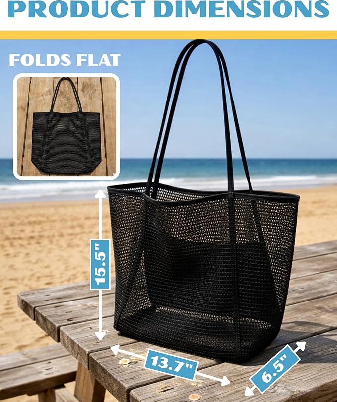 Rave Envy Large Mesh Beach Tote Bag - Waterproof Pool & Travel Beach Bag | Large Capacity | Sturdy Base | Lightweight Foldable Design | Quick-Drying Breathable Fabric | Spacious Multi-Pocket Storage - Image 4