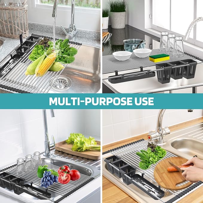 BBXTYLY Extra Large Black Expandable Roll Up Dish Drying Rack Up to 22.8''with 2 Storage Baskets,Over The Sink Kitchen Rolling up Dishes Drainer, Foldable,Rollable - Image 7