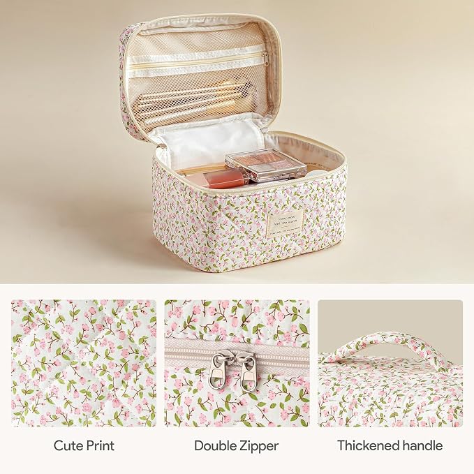 HBselect Quilted Makeup Bag, 3Pcs Cotton Large Travel Makeup Bags Organizer | Cute Floral Make up Bag Cosmetic Bag Toiletry Bag for Women Girls, Makeup Pouch for Skincare, Brushes & Travel Essentials - Image 4