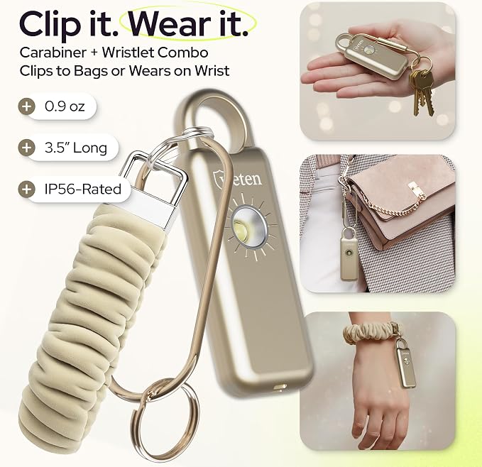 Personal Safety Alarm Keychain for Women, 130dB, LED Light, Gold Satin | USB-C Rechargeable, Bottom Speaker Siren, Wristlet and Carabiner Clip, Weatherproof, Low Battery Alert - Image 5