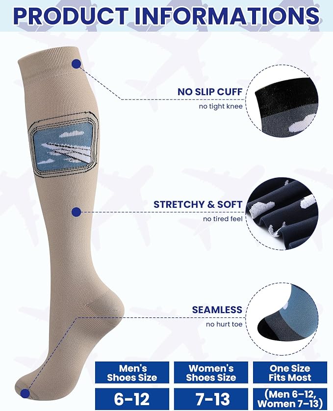 Skicuff 6 Pairs Airplane Compression Socks for Men Women 15-25 Mmhg Graduated Knee High Travel Socks for Flight Flying Pilots - Image 4