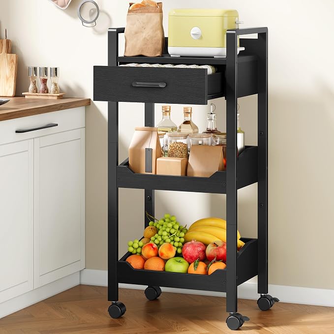 Hoctieon 3-Tier Rolling Storage Cart with Drawer, Rolling Utility Cart Organizer, Mobile Shelving Unit with Wheels, Metal Frame, Kitchen Utility Cart for Small Space, Office, Bathroom, Black by Hoctieon
