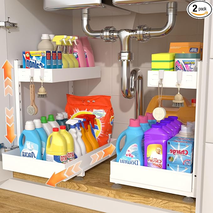 Under Sink Organizer, Bathroom Counter Organizer, 2 Packs 2-Tier Metal, Under Cabinet Storage, Makeup Storage, Adjustable Height & Slide-Out Drawer for Kitchen Bathroom, White by Unknown
