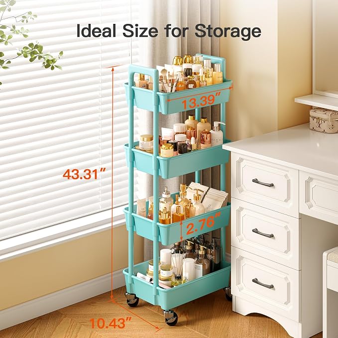 Pipishell 4 Tier Rolling Cart Organizer, Plastic Rolling Cart with Lockable Wheels & Reinforced Handle, Lightweight Utility Storage Cart for Nursery, Kitchen, Craft Room, Turquoise - Image 4