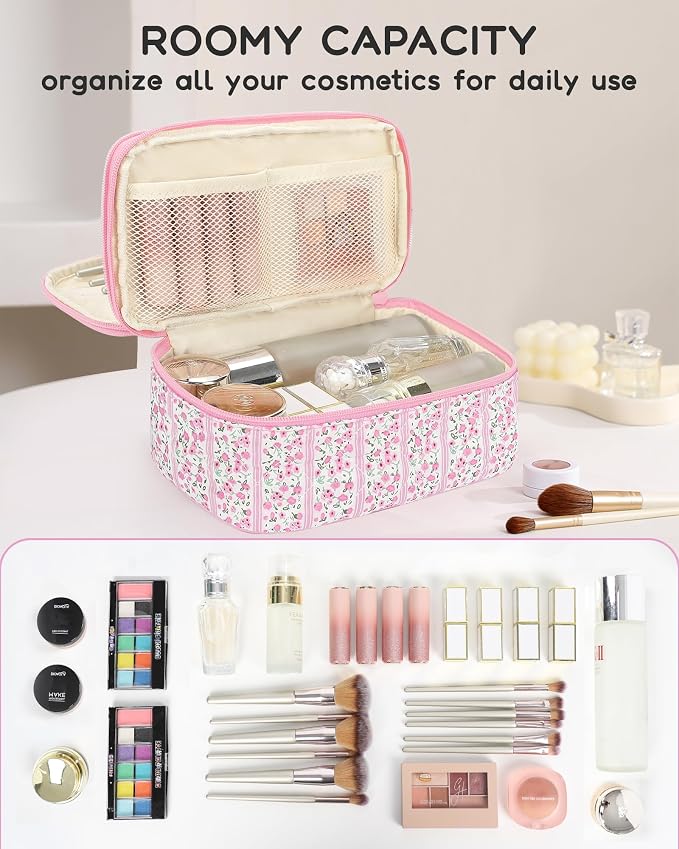 Relavel Cute Makeup Bag for Girls, Portable Pink Cosmetic Bag | Dual-layer Makeup Pouch with Brush Holder, Multi-Functional Preppy Toiletry Organizer for Travel, Daily Use - Pink Flower - Image 3