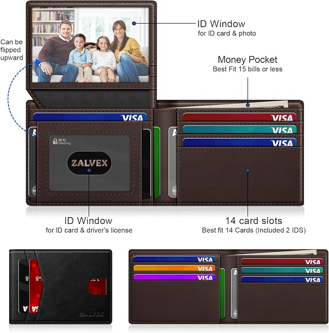 ZALVEX Wallet for Men Slim RFID Blocking Leather Credit Card Holder Wallet | 14 Cards Bifold Minimalist Thin Wallet with 2 ID Windows & Cash Slot Front Pockt Carteras Para Hombres Birthday Gifts for Men - Image 2