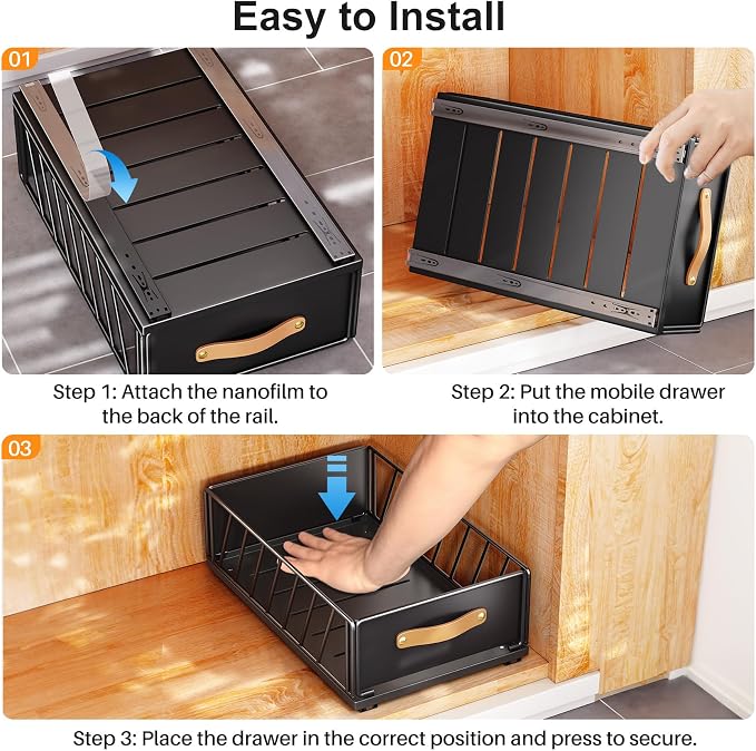 Pull out Cabinet Organizer,Heavy Duty Slide out Pantry Shelves Drawer Storage with Adhesive Nano Film,Sliding Mesh Cabinet Basket with Handle for Kitchen, Bathroom, Home, 9.8"W X 15.7"D X 6.2"H,Black - Image 7