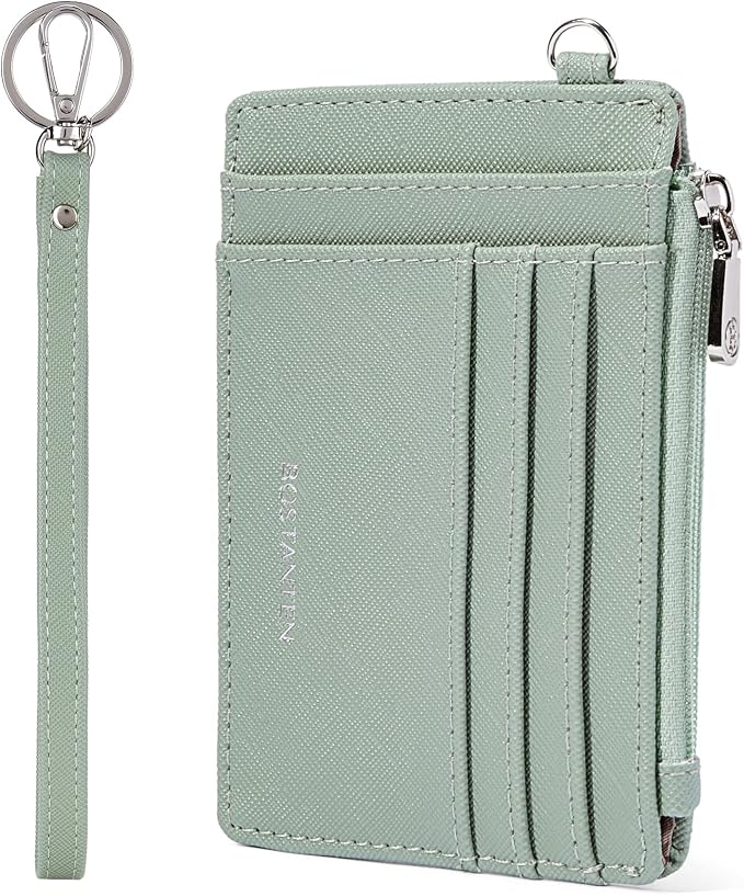 BOSTANTEN Credit Card Holder RFID Small Wallet for Women with Keychain | Slim, Wristlet, Zipper Coin Pocket, Pocket-Friendly, Vegan Leather, Minimalist, Gifts, Light Green by BOSTANTEN