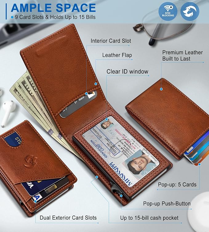 Wallet for Men, Slim Pop Up Card Holder with RFID Blocking, Minimalist Bifold Wallet with 9 Card Slots, ID Window and Cash Pocket, Metal Flip Case with Magnetic Closure, Gift Box - Image 2