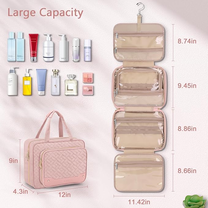 Toiletry Bag for Women, Hanging Travel Toiletry Bag with Jewelry Organizer Compartment Large Makeup Bag, PVC Waterproof Cosmetic Travel Bag for Travel Business Trips Camping Bathroom, Pink - Image 4