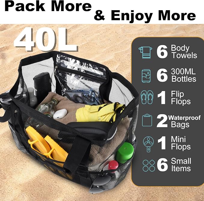 CaCTOUR Mesh Beach Bag,Large Beach Bags for Women with 8 Pockets,Packable Tote Bag for Beach Cruise Pool Vacation Essentials - Image 4