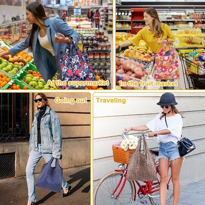 6 Pcs Reusable Shopping Bags Foldable,Grocery Bags in Pocket,Waterproof and Machine Washable,Eco-friendly Travel Recycle Polyester Tote Bags for Daily Shopping Supplies load - Image 2
