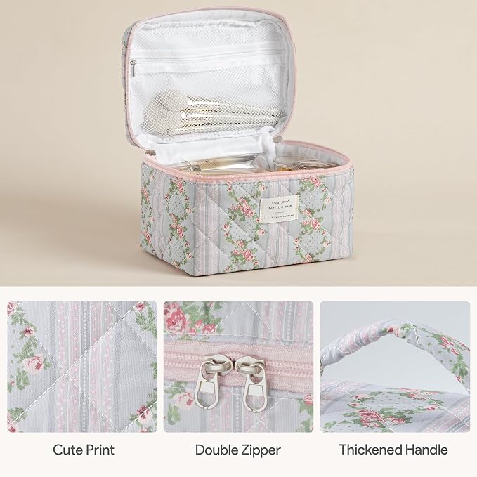 HBselect Quilted Makeup Bag, 3Pcs Cotton Large Travel Makeup Bags Organizer | Cute Floral Make up Bag Cosmetic Bag Toiletry Bag for Women Girls, Makeup Pouch for Skincare, Brushes & Travel Essentials - Image 2