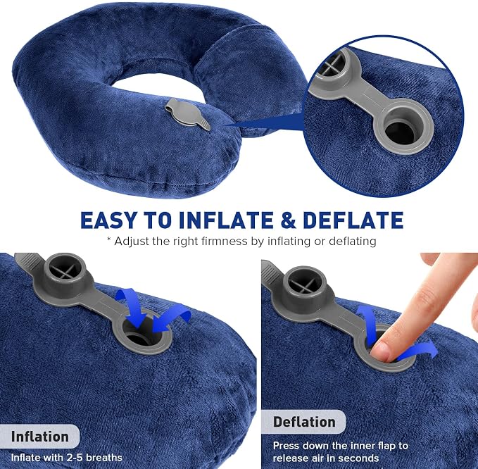 Rewondah Neck Pillows for Travel, Inflatable Travel Pillow, Inflatable Neck Pillow for Traveling Airplane with Soft Velour Washable Cover, U Shape Blow Up Neck Pillow for Airplanes Train Car Travel - Image 5