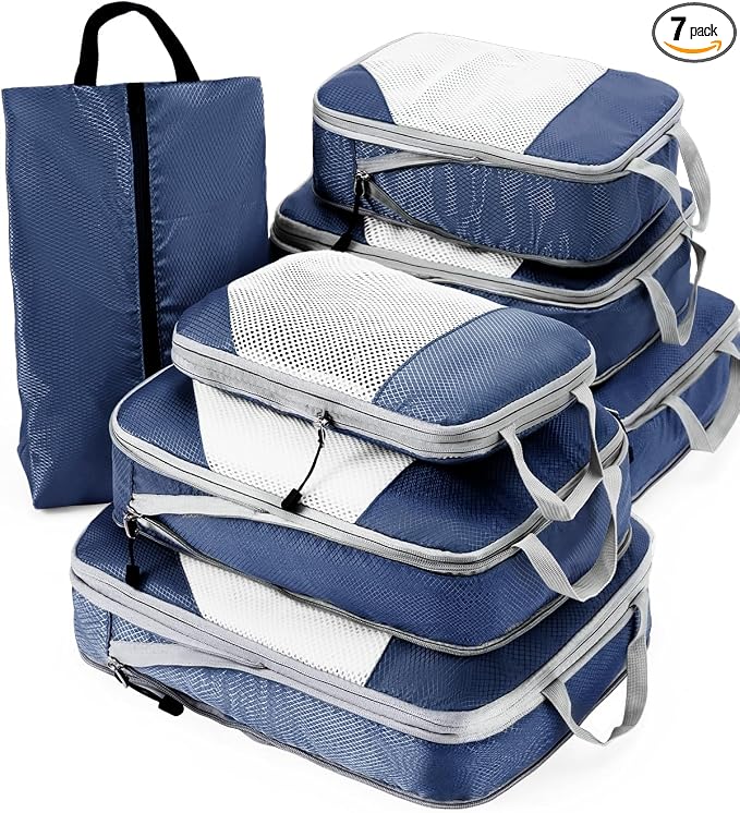 Meowoo 7 Set Compression Packing Cubes for Travel, Durable Ripstop Mesh Suitcase Organizer with Shoe Bag, Ultralight & Expandable Space Saver Travel Cubes by Meowoo