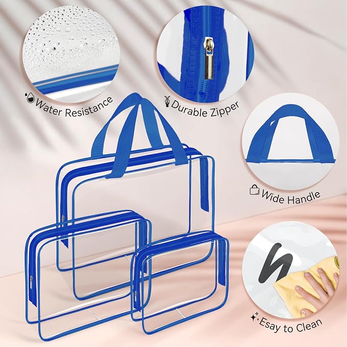 TISRATOK 10 PCS Clear Travel Bags for Toiletries, Clear Makeup Bags（Blue） | 3 Size plastic clear bags with zipper handbag, TSA approved cosmetic pouch for travel, swimsuit,toy storage bags - Image 6