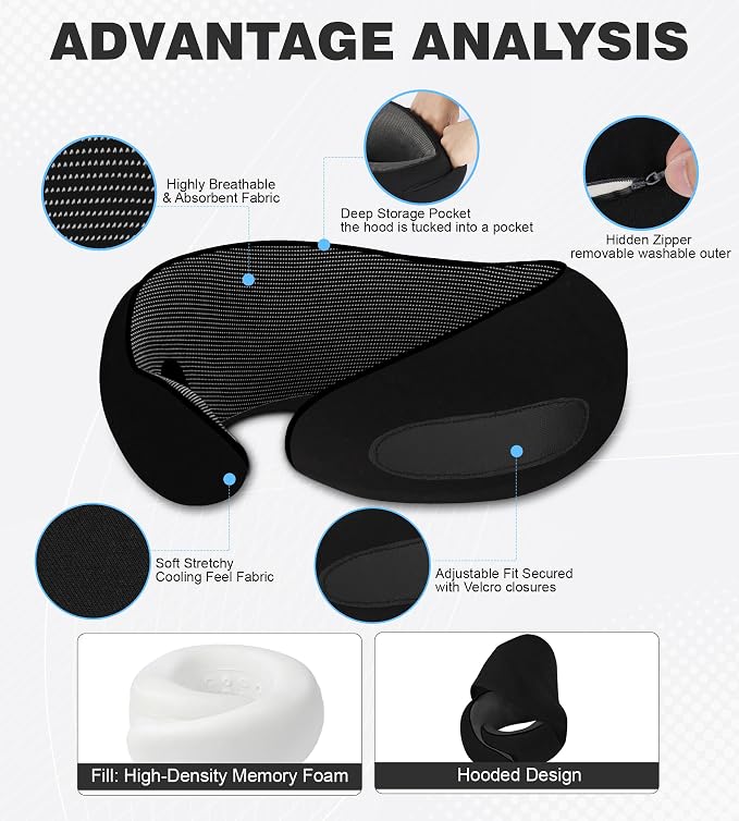 Travel Neck Pillow, Newly Upgraded Hooded Neck Pillow, 100% Pure Memory Foam Travel Pillow for Flight Headrest Sleep,Portable Aircraft Accessory,Suitable for use in Plane/Car/Office(Black) - Image 3