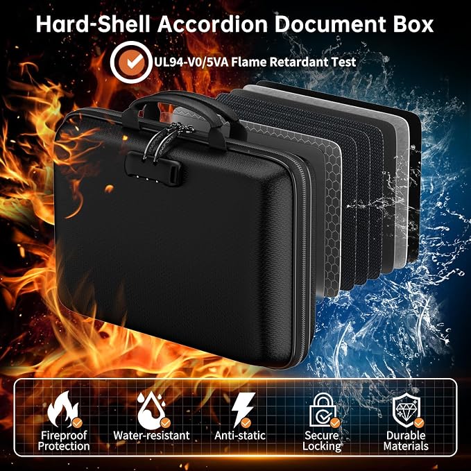 ENGPOW Fireproof Document Box with Lock & 25-Pocket Accordion File Folder | Fire&Water Resistant,Hard Case File Organizer with Handle,Portable Home Office Safe Storage for Important Documents,Laptop - Image 2