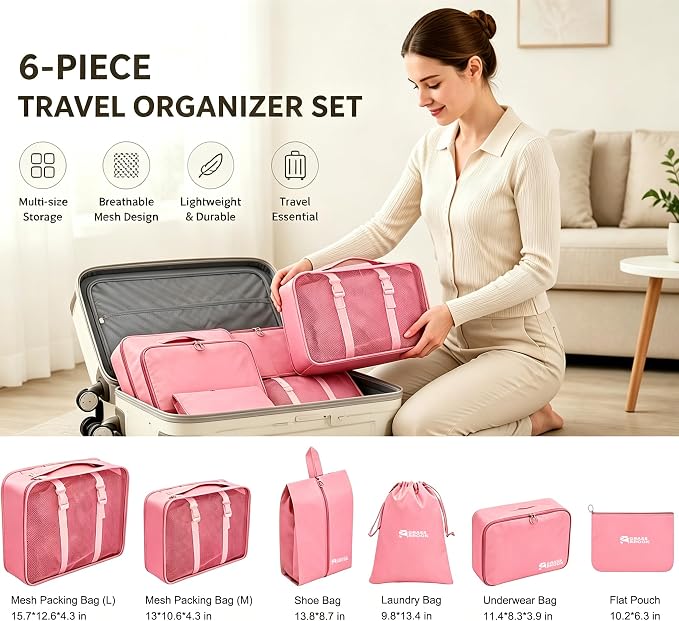 6 Set Packing Cubes, Luggage Packing Organizers for Travel Accessories, Carry on Suitcase Organizer Bags, Travel Essentials Luggage Accessories for Cruise Ship(Pink) - Image 4