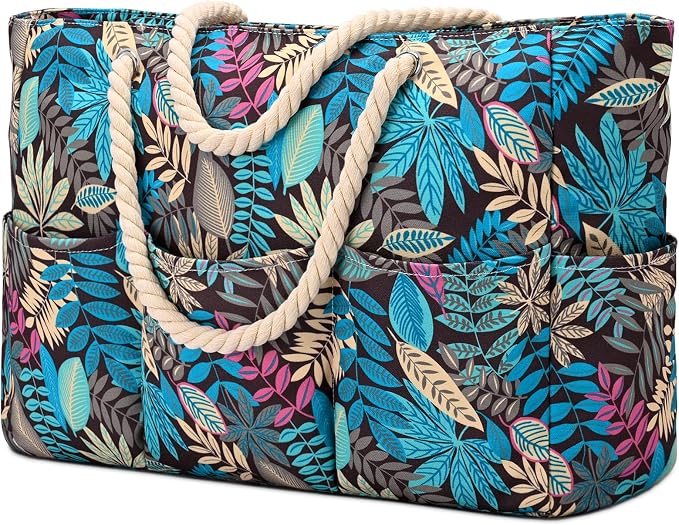 Becokan Beach Bags for Women Canvas Large Beach Tote Bag Zipper Waterproof Sandproof Foldable Swim Pool Bag with 7 Pockets - Image 8