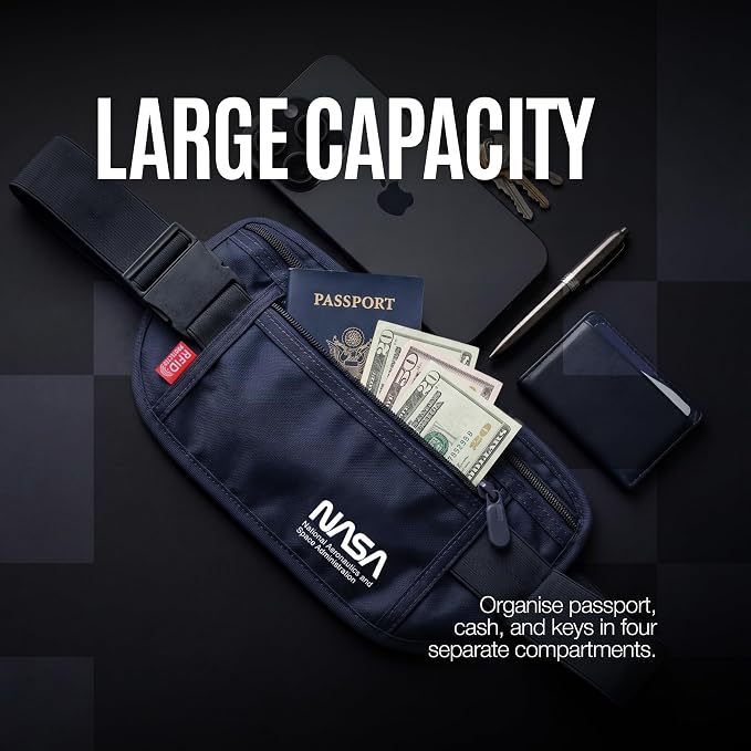NASA Money Belt with RFID-Secured Passport Protection (Stellar Blue) | Concealed Carry | Genuine NASA Insignia | RFID Blocking | YKK Zippers | Breathable Mesh | Key Carabiner - Image 6