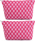 SOIDRAM 2 Pieces Makeup Bag Large Checkered Cosmetic Bag Capacity Canvas Travel Toiletry Bag Organizer Cute Makeup Brushes Aesthetic Accessories Storage Bag for Women, Rose Red checkered by SOIDRAM