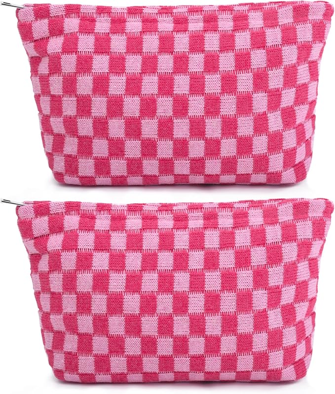 SOIDRAM 2 Pieces Makeup Bag Large Checkered Cosmetic Bag Capacity Canvas Travel Toiletry Bag Organizer Cute Makeup Brushes Aesthetic Accessories Storage Bag for Women, Rose Red checkered by SOIDRAM