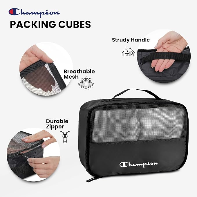 Champion Packing Cubes for Travel - 6 Piece Organizer Set, Carry-On Ready | Breathable mesh, sturdy handles; 3 cubes, 1 laundry bag, 2 zip pouches; zipper closure; fits carry-on and full-size suitcases - Image 4