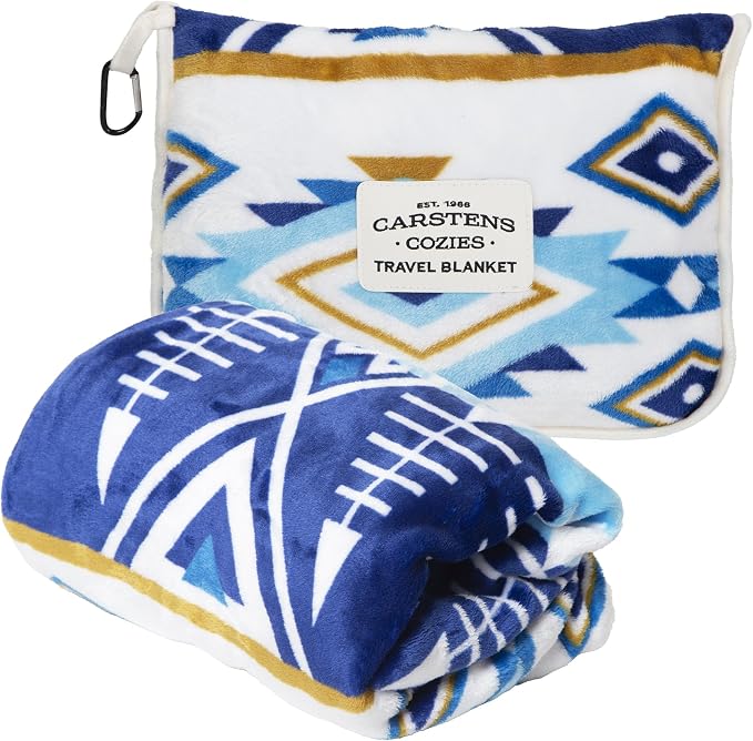 Carstens, Inc. Travel Blanket, Premium Compact 2-in-1 Airplane Blanket/Pillow, Open Sky Blue Aztec by Carstens