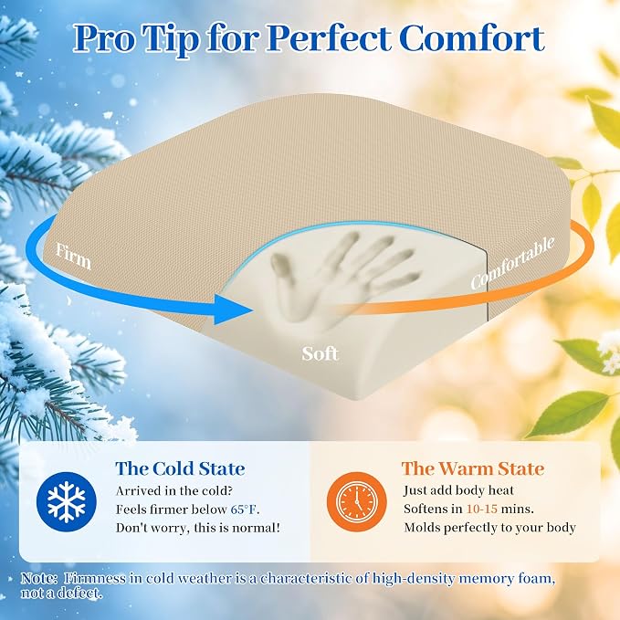TranquilRelax XL Memory Foam Seat Cushion for Office Chair, Khaki | Medium-firm Support for Long Sitting, Washable Mesh Cover, Non-slip Base, Perfect for Car Seats & Short Drivers - Image 9