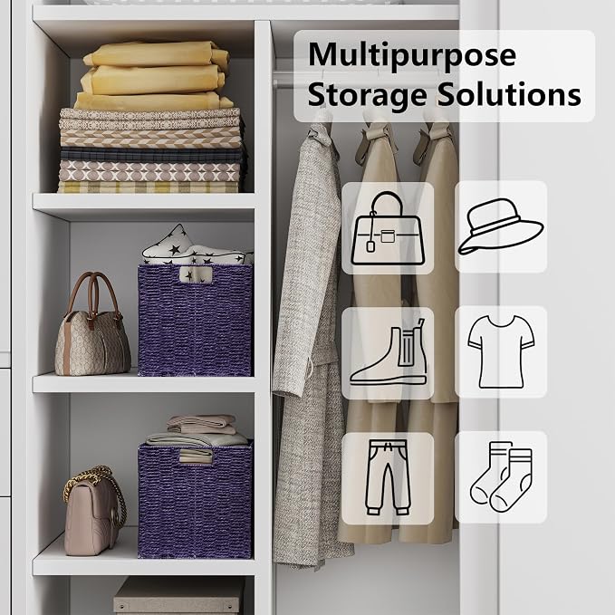 Wicker Storage Basket, Set of 2 Hand-Woven Paper Rope Wicker Basket, Foldable Cube Storage Bins, 9 inch Square Storage Baskets for Organizing Shelves & Decor, Purple (9″×9″×9″) - Image 6