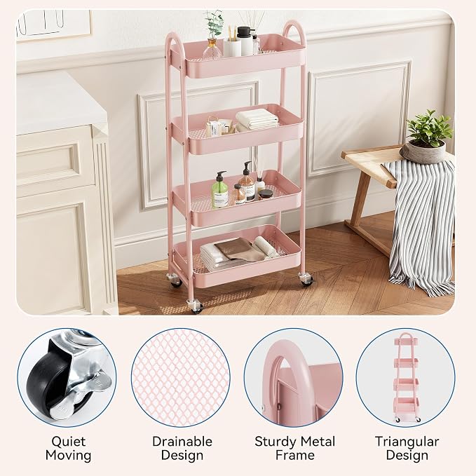 NEWBULIG 4-Shelf Metal Rolling Storage Utility Cart with Lockable Wheels | Mobile Organizer Shelf, Space-Saving, Freestanding, Bathroom, Living Room, Slim, Narrow Corner Spaces, Pink - Image 2