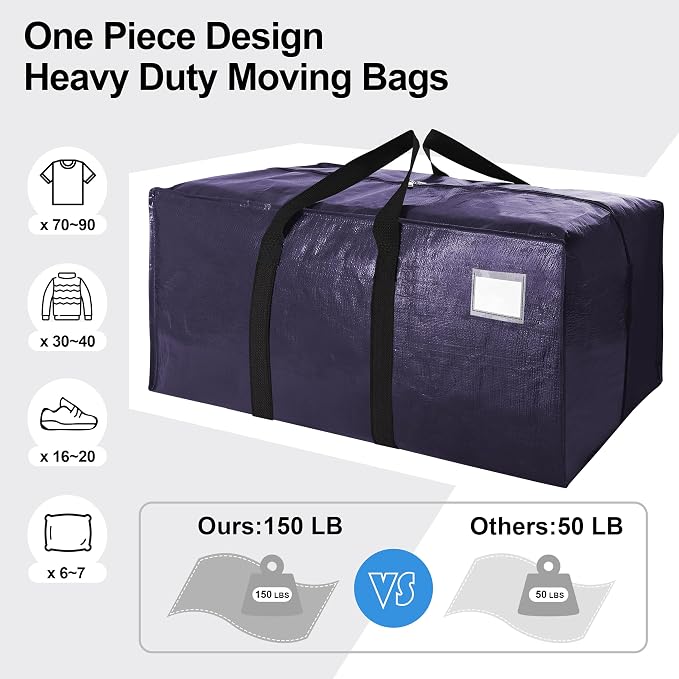 6 Pack Heavy Duty Extra Large Moving Bags W/Backpack Straps - Strong Handles & Zippers, Storage Totes For Space Saving, Fold Flat, Alternative to Box and Bin (40 gal, Blue) - Image 5