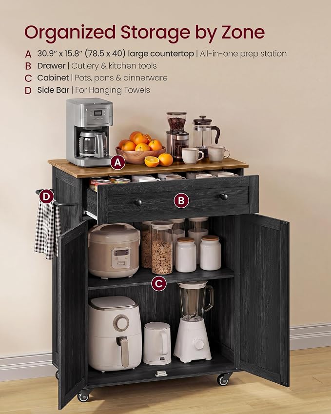 VASAGLE Mobile Kitchen Island with Storage Cabinet for Kitchen, Dining Room | Portable Mobile Cart on Wheels , 15.8 x 30.9 x 35.1 Inches, Black and Honey Brown, SIREN Collection UKKI009BA01S - Image 3
