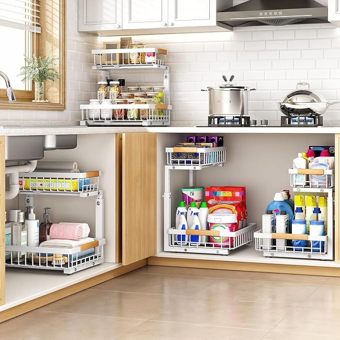 PXRACK Under Sink Organizer, Adjustable Height, 2 Tier Pull Out Under Cabinet Organizer, Slide Out Thickened Metal Under Sink Storage for Kitchen Bathroom Laundry Pantry Cabinet, White, Large-1-Pack - Image 7