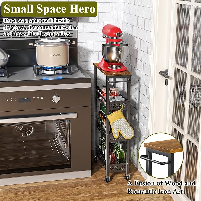 OKZEST 4-Tier Slim Rolling Storage Cart for Kitchen, Laundry Room, Bathroom | Upgraded metal hub casters, Narrow utility cart for small space/gaps, Premium wood top & metal mesh shelf, with handle & hook - Image 3