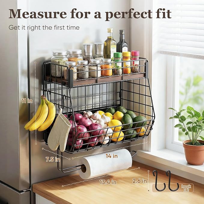 2 Pack Magnetic Spice Rack for Fridge with Paper Towel Holder andf 4 Hook | Fruit Basket Kitchen Storage and Organizer, Full‑Enclosed Magnetic Shelf 33 lbs for Laundry, Pantry, Coffee Bar and RV - Image 2