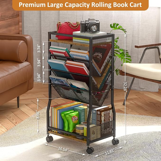DAOUTIME 8 Tier Rolling Book Cart with Wheels, Mobile Book Storage Cart with 2 Sides Access Bookcase for Narrow Space, Rolling File Organizers and Storage for Home Office Living Room Classroom School - Image 6