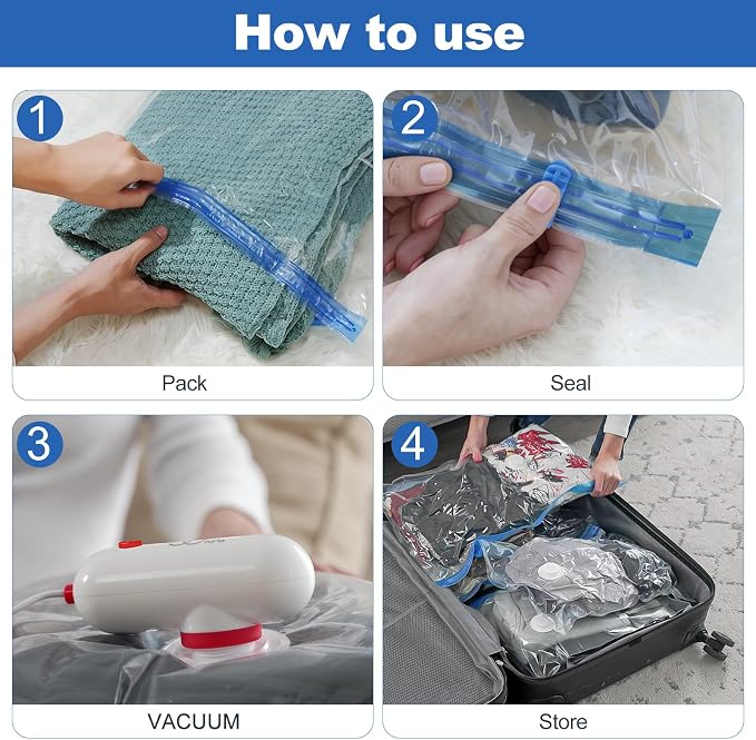VMstr Vacuum Seal Bags for Clothing Travel, Vacuum Storage Bags with USB Electric Pump, Compression Space Saver for Luggage Suitcase 18 Combo Bags + USB Pump - Image 8