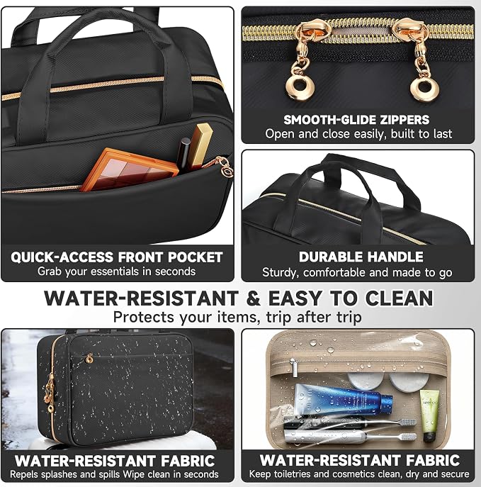 Travel Toiletry Bag for Women, Hanging Makeup Organizer Clear Pockets | Large Hanging Travel Organizer with Compartments, Front Pocket, Fits Full-Size Skincare, Makeup & Toiletries(Black, Medium) - Image 5