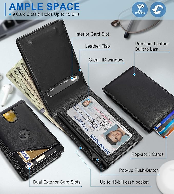 Wallet for Men, Slim Pop Up Card Holder with RFID Blocking, Minimalist Bifold Wallet with 9 Card Slots, ID Window and Cash Pocket, Metal Flip Case with Magnetic Closure, Gift Box - Image 2