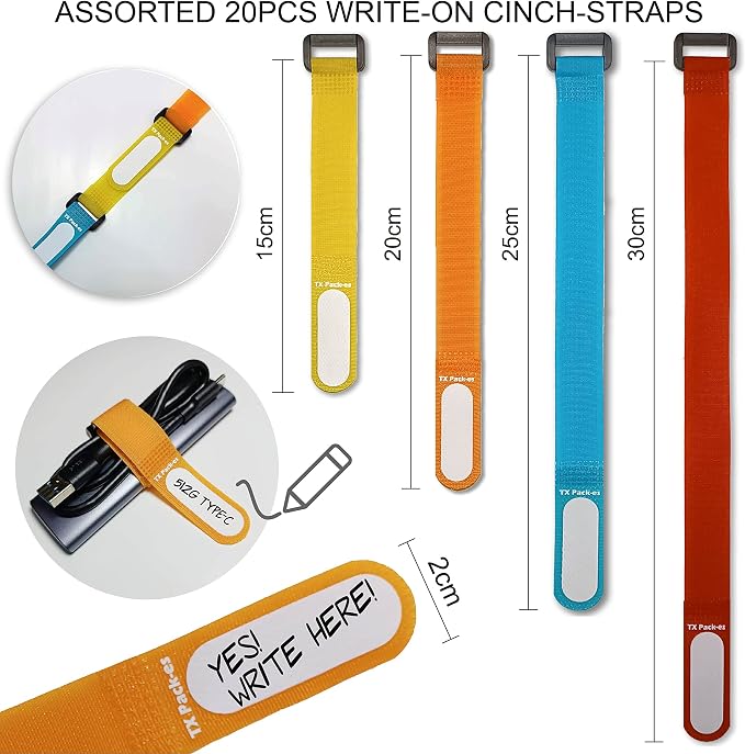 Multi-Purpose Cinch Straps (Assorted-Color 20 Pack). Reusable Waterproof Hook and Loop Cable Tie, Write-on Label for Easy Cord & Stuff Indentification, Organization & Management, by TX Pack-es - Image 4