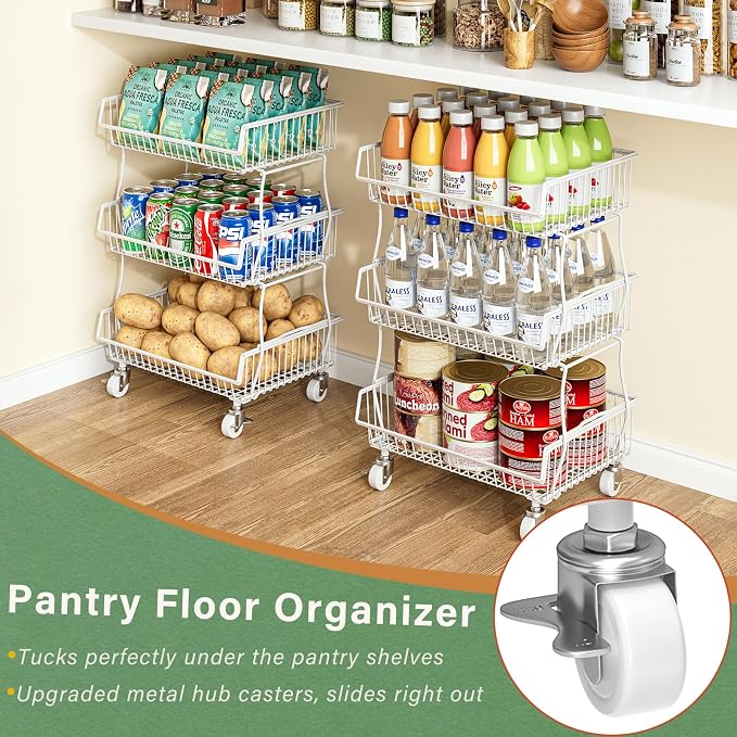 OKZEST Pantry Organizers and Storage Cart with Upgraded Metal Hub Casters | Fits under pantry shelf, Stackable fine-mesh wire baskets, 3-Tier rolling cart holds drink, snack, can, potato, onion, fruit - Image 2